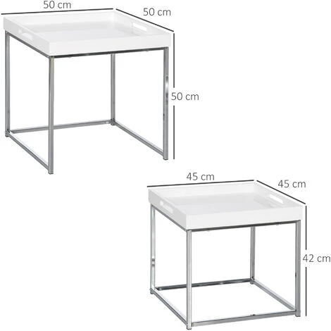 HOMCOM Square Modern Coffee Table Set Of 2, Nest Of Tables Steel Frame, High Gloss White 4 HOMCOM Square Modern Coffee Table Set Of 2, Nest Of Tables Steel Frame, High Gloss White - Image 2