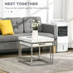 HOMCOM Square Modern Coffee Table Set Of 2, Nest Of Tables Steel Frame, High Gloss White 10 HOMCOM Square Modern Coffee Table Set Of 2, Nest Of Tables Steel Frame, High Gloss White -Living Room Furniture Store 72310930 4