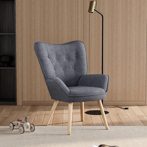 Livingandhome Grey Linen Buttoned Armchair With Wood Legs 3 Livingandhome Grey Linen Buttoned Armchair With Wood Legs
