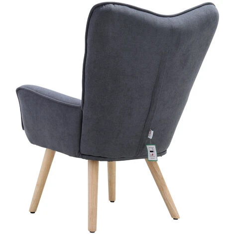 Livingandhome Grey Linen Buttoned Armchair With Wood Legs 6 Livingandhome Grey Linen Buttoned Armchair With Wood Legs - Image 4