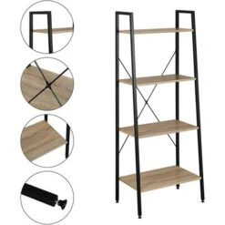 WOLTU 4-Tier Storage Rack Bookcases Display Stand Wood Shelf Metal Frame Ladder Shelf Black + Light Oak -Living Room Furniture Store 73773862 4