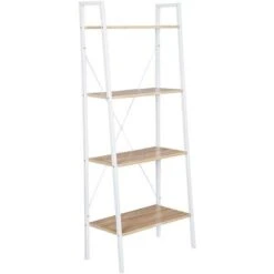 WOLTU 4-Tier Storage Rack Bookcases Display Stand Wood Shelf Metal Frame Ladder Shelf White+light Oak
