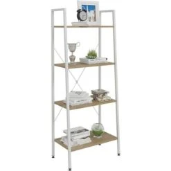 WOLTU 4-Tier Storage Rack Bookcases Display Stand Wood Shelf Metal Frame Ladder Shelf White+light Oak -Living Room Furniture Store 73773868 3