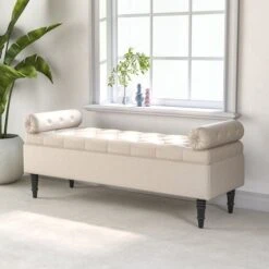 Livingandhome Beige Flip Top Storage Bench With Side Arms -Living Room Furniture Store 74768546 2