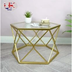 Hexagon Coffee Table With Glass Top-Gold