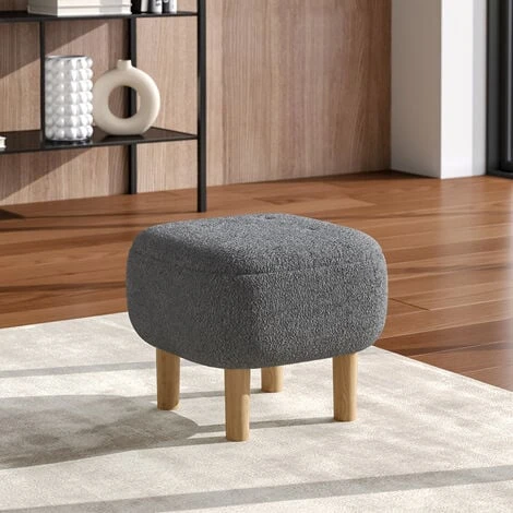 Livingandhome Grey Footstool Pouffe Stool With Wooden Legs 4 Livingandhome Grey Footstool Pouffe Stool With Wooden Legs - Image 2