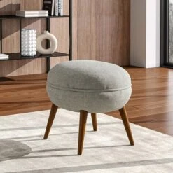 Livingandhome Beige Linen Upholstered Oval Footstool With Wooden Legs -Living Room Furniture Store 75720280 2