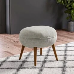 Livingandhome Beige Linen Upholstered Oval Footstool With Wooden Legs -Living Room Furniture Store 75720280 3