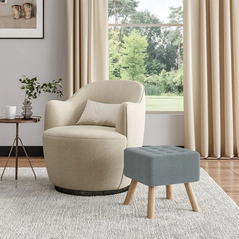 Livingandhome Grey Linen Fabric Padded Wooden Leg Footstool 4 Livingandhome Grey Linen Fabric Padded Wooden Leg Footstool - Image 2