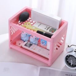 Double-Layer Desktop Storage Rack, Foldable Office Stationery Storage Rack, Storage Rack Pink -Living Room Furniture Store 77432251 4