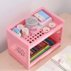 Double-Layer Desktop Storage Rack, Foldable Office Stationery Storage Rack, Storage Rack Pink -Living Room Furniture Store 77432251 5