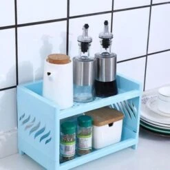 Double-Layer Desktop Storage Rack, Foldable Office Stationery Storage Rack, Storage Rack Blue -Living Room Furniture Store 77432395 4