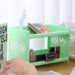 Double-Layer Desktop Storage Rack, Foldable Office Stationery Storage Rack, Storage Rack Green -Living Room Furniture Store 77432663 4