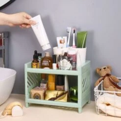 Double-Layer Desktop Storage Rack, Foldable Office Stationery Storage Rack, Storage Rack Green -Living Room Furniture Store 77432663 5