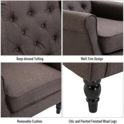 HOMCOM Accent Armchair Home Furniture Retro Tufted Club Wood Fabric Brown -Living Room Furniture Store 77514565 5