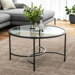 Livingandhome Black Modern Round Tempered Glass Coffee Table For Living Room -Living Room Furniture Store 77837718 3