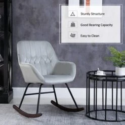 HOMCOM Modern Rocking Armchair With Foam Padding Metal Frame Home Office Grey -Living Room Furniture Store 78083528 4