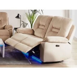 Modern Velvet Recliner Sofa Electric Reclining LED Padded 2 Seater Beige Bergen -Living Room Furniture Store 79358276 2