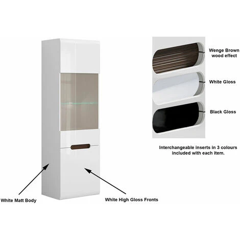 Tall Glass Display Cabinet Unit LED Light Modern White Gloss Black Brown Insert Azteca 4 Tall Glass Display Cabinet Unit LED Light Modern White Gloss Black Brown Insert Azteca - Image 2
