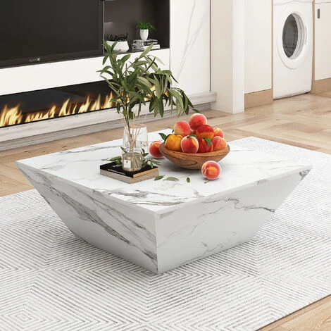 Modern Coffee Table For Living Room, Marbling Veneer, 2 Drawers, White 70x70x36cm 3 Modern Coffee Table For Living Room, Marbling Veneer, 2 Drawers, White 70x70x36cm