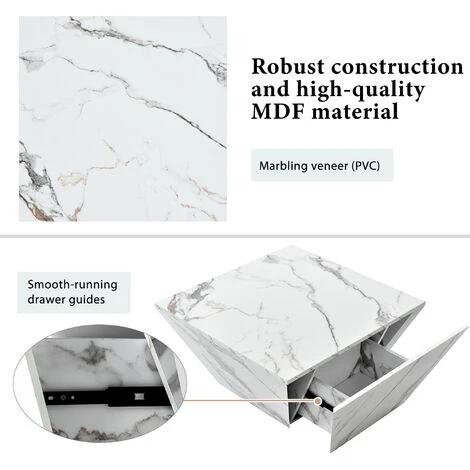 Modern Coffee Table For Living Room, Marbling Veneer, 2 Drawers, White 70x70x36cm 5 Modern Coffee Table For Living Room, Marbling Veneer, 2 Drawers, White 70x70x36cm - Image 3