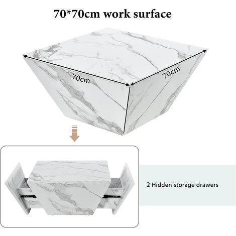 Modern Coffee Table For Living Room, Marbling Veneer, 2 Drawers, White 70x70x36cm 6 Modern Coffee Table For Living Room, Marbling Veneer, 2 Drawers, White 70x70x36cm - Image 4