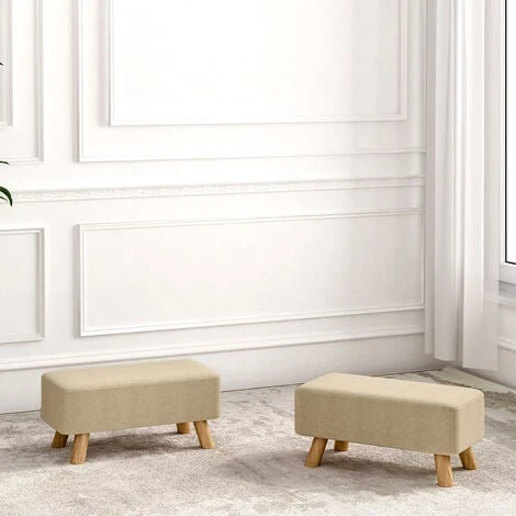 Livingandhome Beige Linen Pouffe Footstool With Wooden Legs 4 Livingandhome Beige Linen Pouffe Footstool With Wooden Legs - Image 2