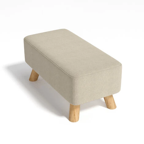 Livingandhome Beige Linen Pouffe Footstool With Wooden Legs 6 Livingandhome Beige Linen Pouffe Footstool With Wooden Legs - Image 4