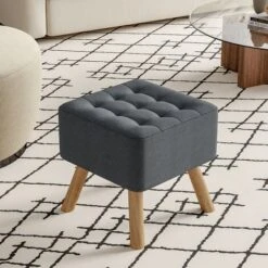Livingandhome Dark Grey Square Linen Upholstered Footstool With Wooden Legs