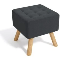 Livingandhome Dark Grey Square Linen Upholstered Footstool With Wooden Legs -Living Room Furniture Store 80888124 4