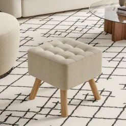 Livingandhome Beige Square Linen Upholstered Footstool With Wooden Legs