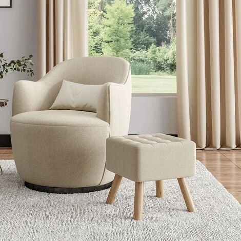 Livingandhome Beige Square Linen Upholstered Footstool With Wooden Legs 4 Livingandhome Beige Square Linen Upholstered Footstool With Wooden Legs - Image 2