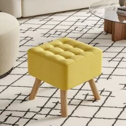 Livingandhome Yellow Square Linen Upholstered Footstool With Wooden Legs