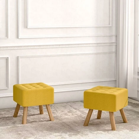 Livingandhome Yellow Square Linen Upholstered Footstool With Wooden Legs 4 Livingandhome Yellow Square Linen Upholstered Footstool With Wooden Legs - Image 2