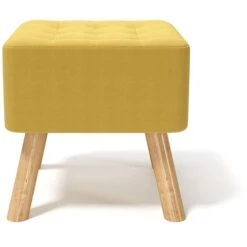 Livingandhome Yellow Square Linen Upholstered Footstool With Wooden Legs 9 Livingandhome Yellow Square Linen Upholstered Footstool With Wooden Legs -Living Room Furniture Store 80888130 3