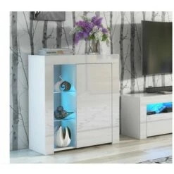 White Gloss Glass Display Cabinet Bookcase Shelving Unit Compact Smalll With Blue LED Light Lily