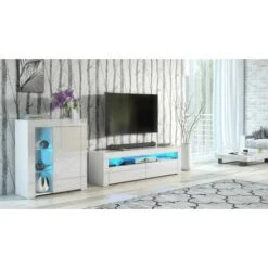 White Gloss Glass Display Cabinet Bookcase Shelving Unit Compact Smalll With Blue LED Light Lily -Living Room Furniture Store 81207399 3