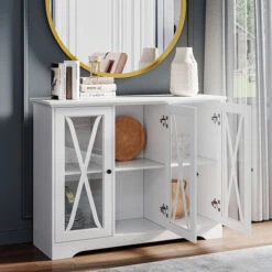 Livingandhome White Modern Storage Cabinet With 2 Tier Shelves Wooden Table 9 Livingandhome White Modern Storage Cabinet With 2 Tier Shelves Wooden Table -Living Room Furniture Store 81564234 3