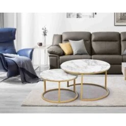 Double Nested Coffee Table Set Marble Effect Nesting Sofa Side Table Living Room