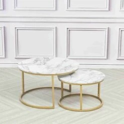 Double Nested Coffee Table Set Marble Effect Nesting Sofa Side Table Living Room -Living Room Furniture Store 81608934 3