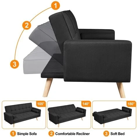 Yaheetech Fabric Upholstered Convertible Sofa Bed,3 Adjustable Back Angles, Black 6 Yaheetech Fabric Upholstered Convertible Sofa Bed,3 Adjustable Back Angles, Black - Image 4