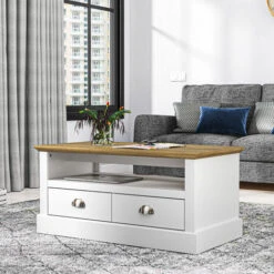 GALANO Sufy 2 Drawer Coffee Table - White + Reviera Eichi