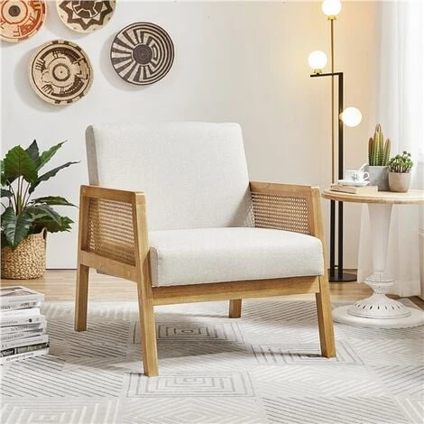 Yaheetech Fabric Upholstered Accent Chair With Rattan Sides, Beige 4 Yaheetech Fabric Upholstered Accent Chair With Rattan Sides, Beige - Image 2