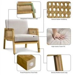 Yaheetech Fabric Upholstered Accent Chair With Rattan Sides, Beige 9 Yaheetech Fabric Upholstered Accent Chair With Rattan Sides, Beige -Living Room Furniture Store 82130743 3