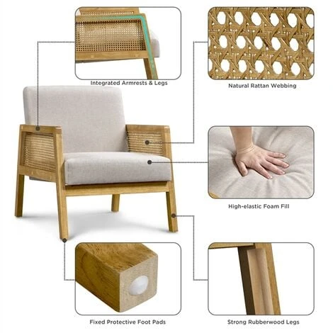 Yaheetech Fabric Upholstered Accent Chair With Rattan Sides, Beige 5 Yaheetech Fabric Upholstered Accent Chair With Rattan Sides, Beige - Image 3