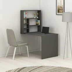 Sedir Minimal Home Office Computer Desk With Bookcase Wall Mounted Table - Anthracite