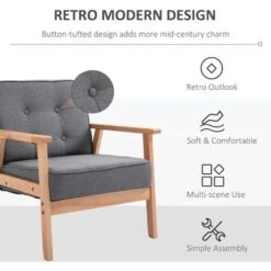 Homcom Retro Accent Single Chair Beech Wood Frame Armchair Cushion Linen Fabric -Living Room Furniture Store 82974530 4