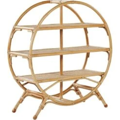 Bookcase 3 Tiers Light Wood Natural Rattan Open Back Oval Room Divider Tuvalu II