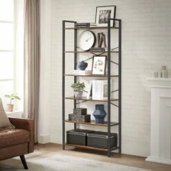 Songmics VASAGLE Bookshelf, 6-Tier Shelving Unit With Steel Frame, Tall Rustic Shelves For Living Room, Office, Study, Hallway, Industrial Style, 80 X 30 X 186 Cm, Rustic Brown And Black LLS082B01 -Living Room Furniture Store 85752549 2