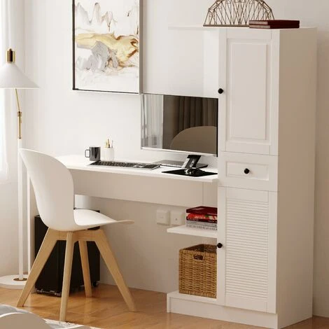 Izel Country - Computer Desk With Bookcase Cabinet Modern Workstation Home Office - White 3 Izel Country - Computer Desk With Bookcase Cabinet Modern Workstation Home Office - White